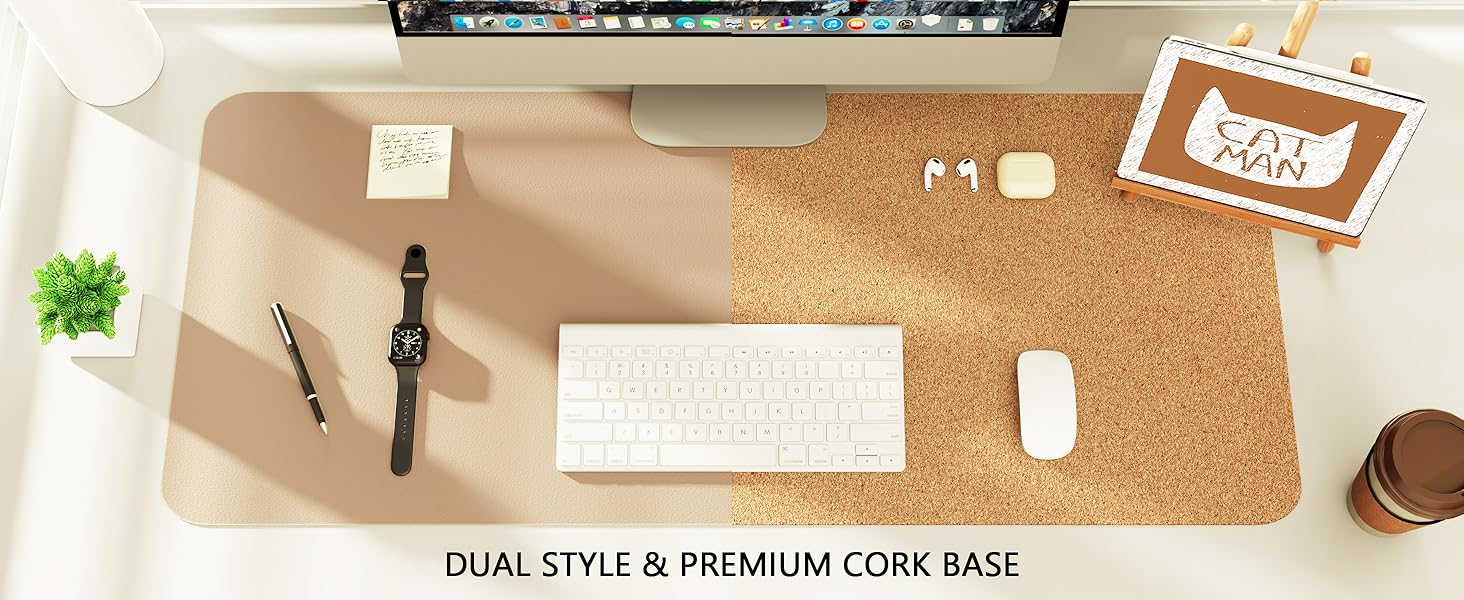 Double-Sided Desk Pad, Leather Desk Mat, Eco Cork Desk Pad Protector,Large Mouse Pad,Waterproof Desk Blotter for Office/Home