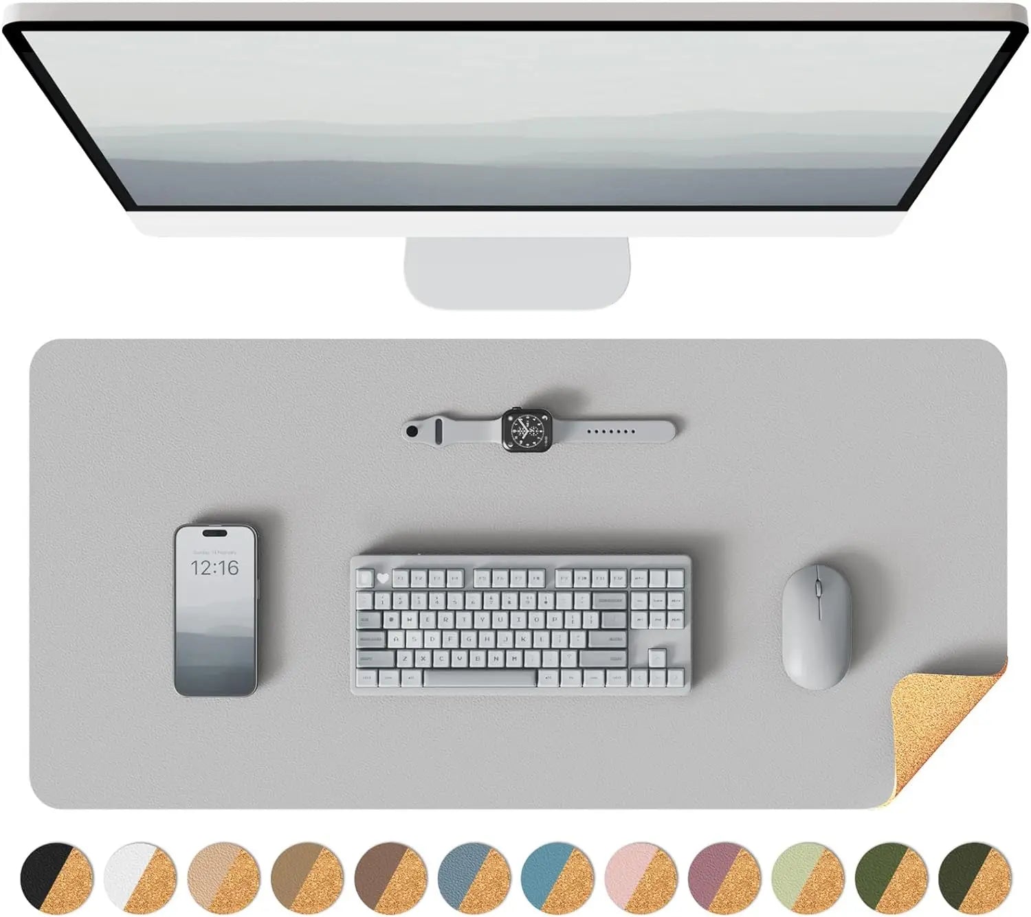 Double-Sided Desk Pad, Leather Desk Mat, Eco Cork Desk Pad Protector,Large Mouse Pad,Waterproof Desk Blotter for Office/Home