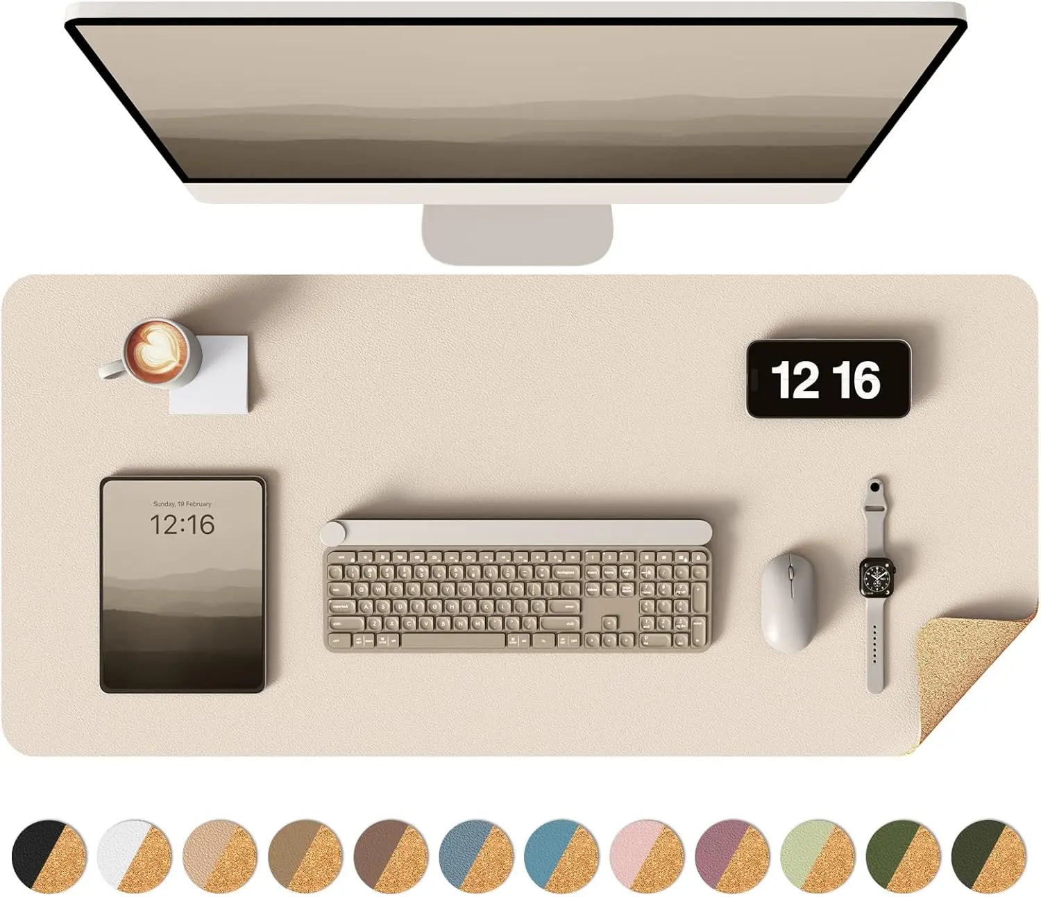 Double-Sided Desk Pad, Leather Desk Mat, Eco Cork Desk Pad Protector,Large Mouse Pad,Waterproof Desk Blotter for Office/Home