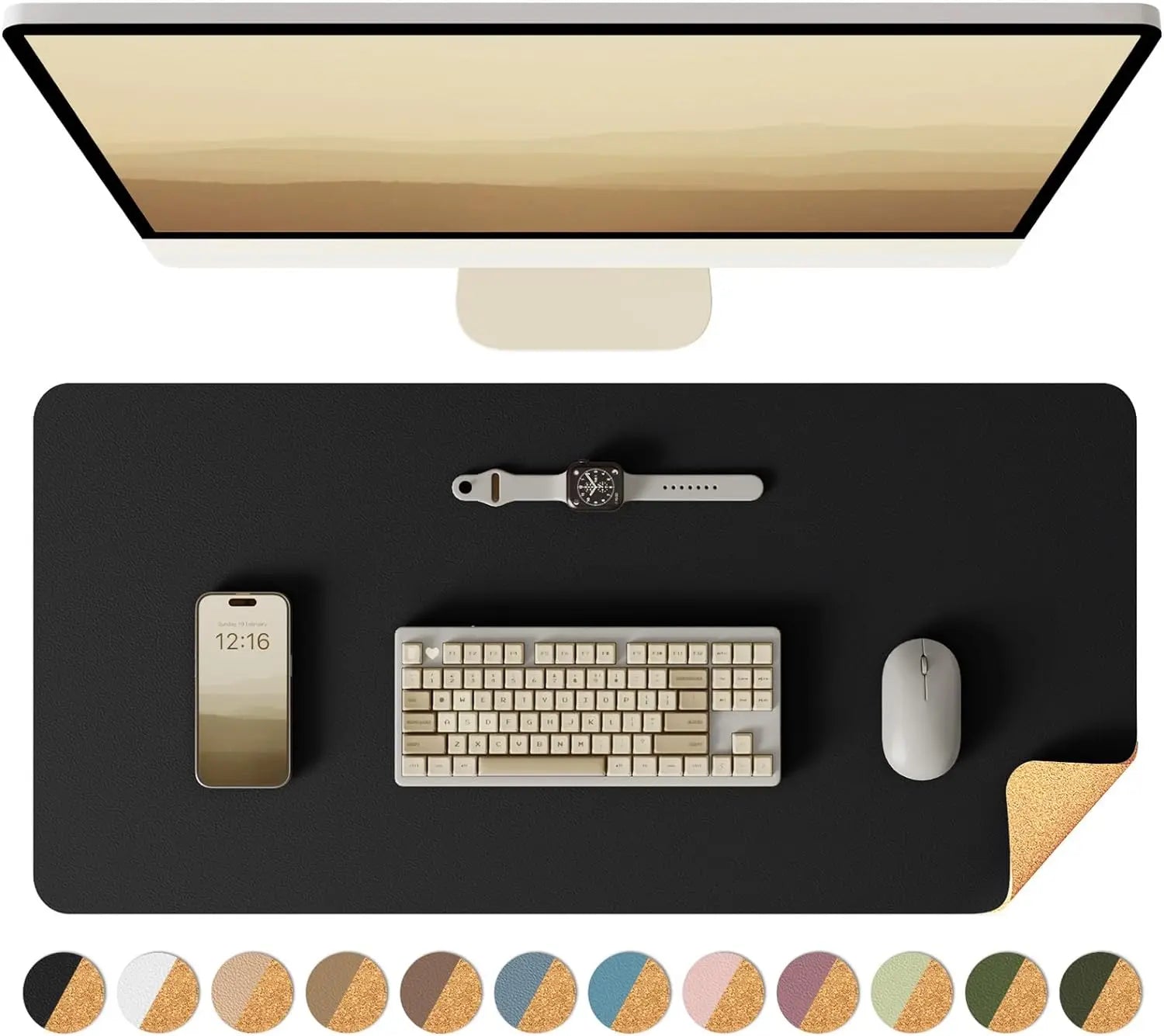 Double-Sided Desk Pad, Leather Desk Mat, Eco Cork Desk Pad Protector,Large Mouse Pad,Waterproof Desk Blotter for Office/Home