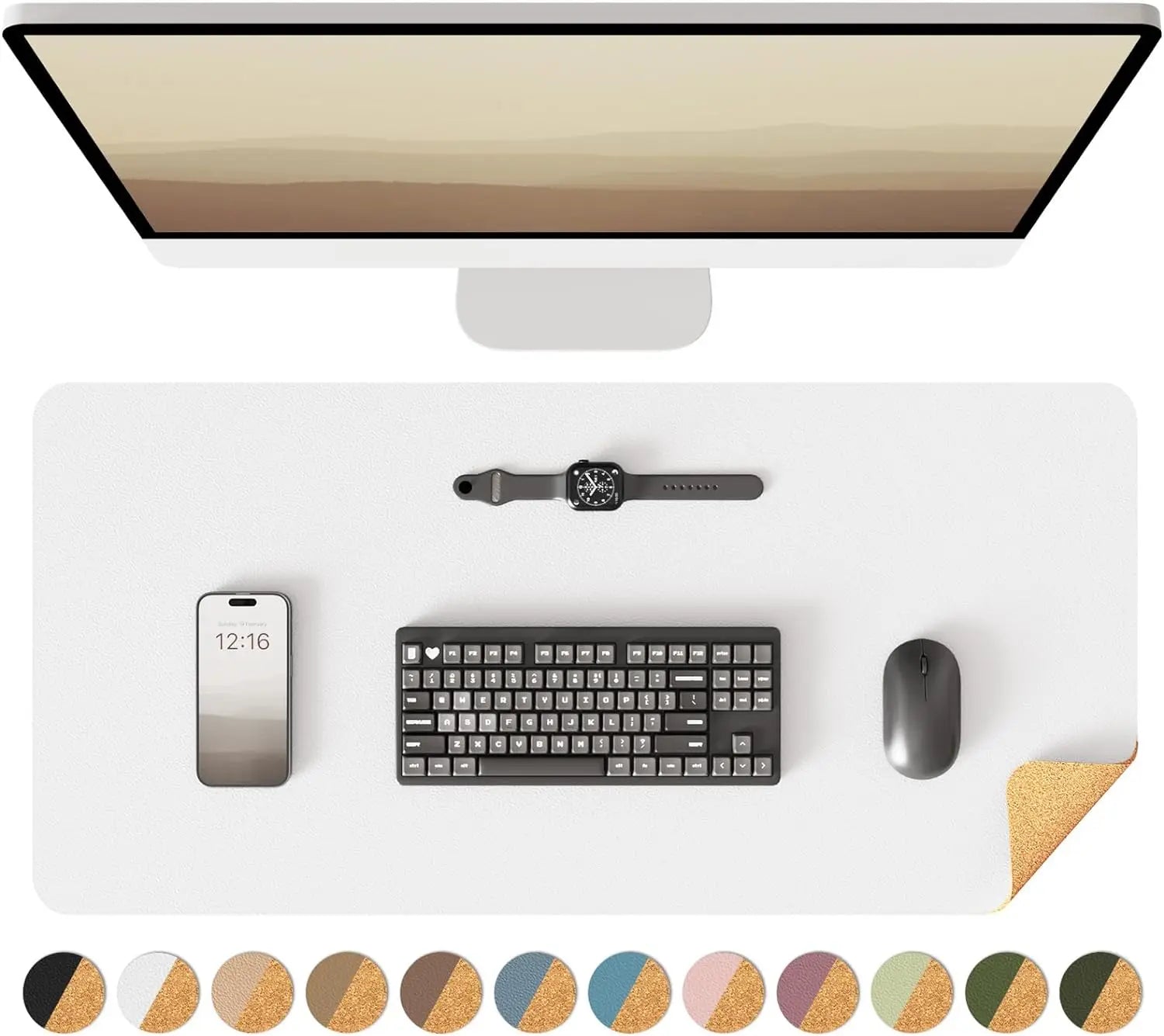 Double-Sided Desk Pad, Leather Desk Mat, Eco Cork Desk Pad Protector,Large Mouse Pad,Waterproof Desk Blotter for Office/Home